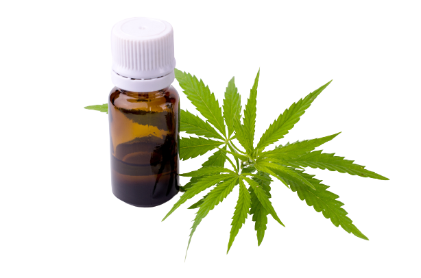 CBD oil container with a hemp leaf, side to side, over white background