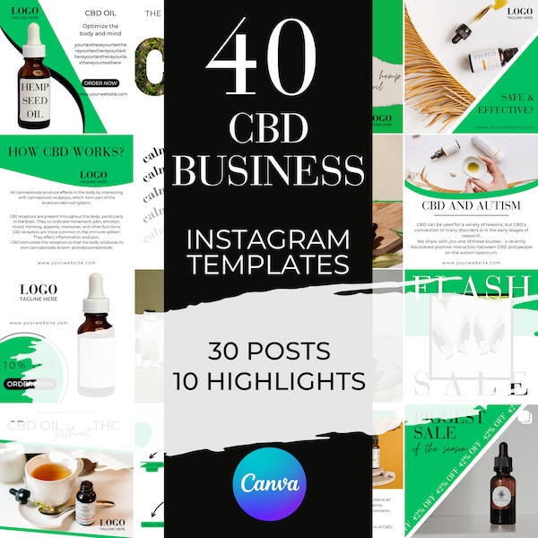 CBD Oil Instagram Template, 40 Green Hemp Seed Oil Business Canva Templates, Instagram Posts And Highlights Template