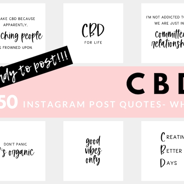 CBD Instagram Posts - 50 Ready to Post Hemp Oil Marijuana Instagram Quotes WHITE Background | Social Media Ready Made Posts Instaquotes