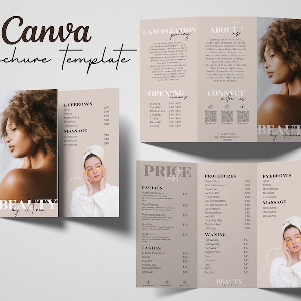 Minimalist Trifold Brochure | Beauty Studio Brochure Pricelist | Skincare Template Business Printables