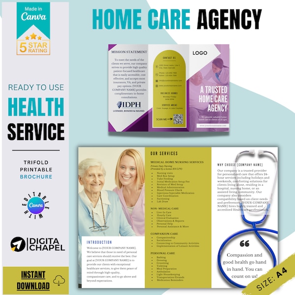 Home Care Agency Trifold Brochure | Healthcare Brochure | Home Healthcare Brochure | Brochure Template | Canva Templates | A4 Size