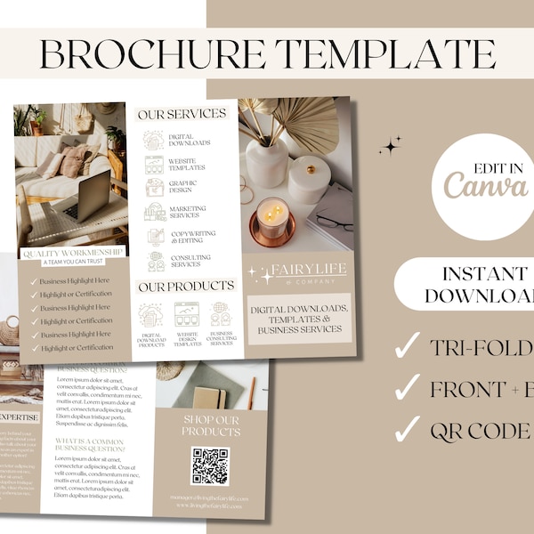 Trifold Brochure Template Canva | DIY Editable Feminine Trifold Brochure | Business Brochure Spa Beauty Trifold Program Printable Template
