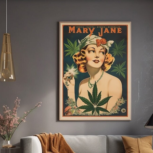 Винтажный постер с марихуаной, Настенное искусство в стиле ретро в стиле бохо, Печать Мэри Джейн, Настенное искусство в стиле ретро в стиле бохо, Изобразительное искусство с принтом Каннабисный диспансер Идея подарка