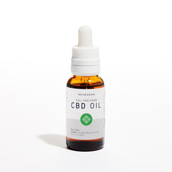 Neurogan Full Spectrum CBD Oil 2000mg, Citrus in 2oz, with amber glass bottle and white rubber dropper top