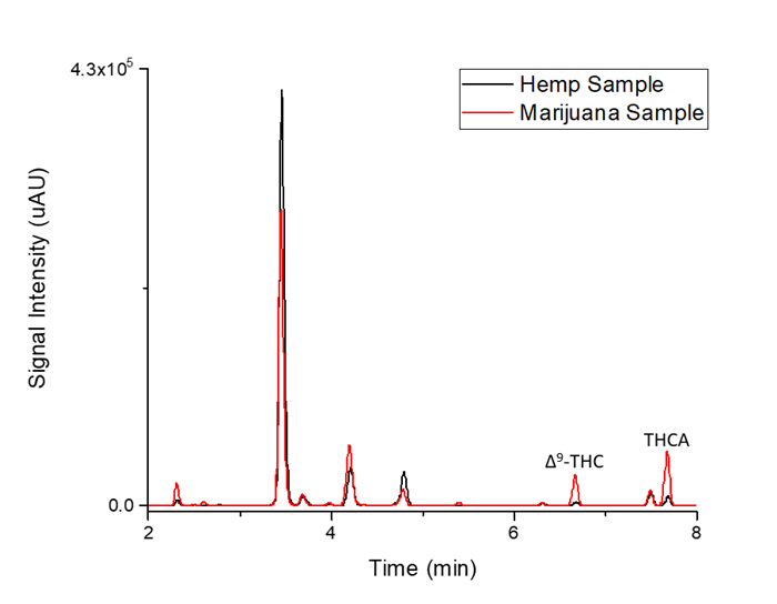 In chromatograms of cannabinoids in marijuana and hemp samples the amplitude of the peaks in the chromatograms can be used to calculate the amount of the chemical found in the total sample.