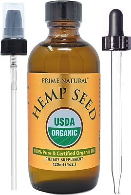 PRIME NATURAL Organic Hemp Seed Oil 4oz - USDA Certified - Sativa Oil - Pure, Cold Pressed, Virgin, Unrefined, Vegan, Food. 