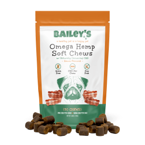 picture of Bailey's Pet bacon flavored full spectrum CBD pet chews in a bag